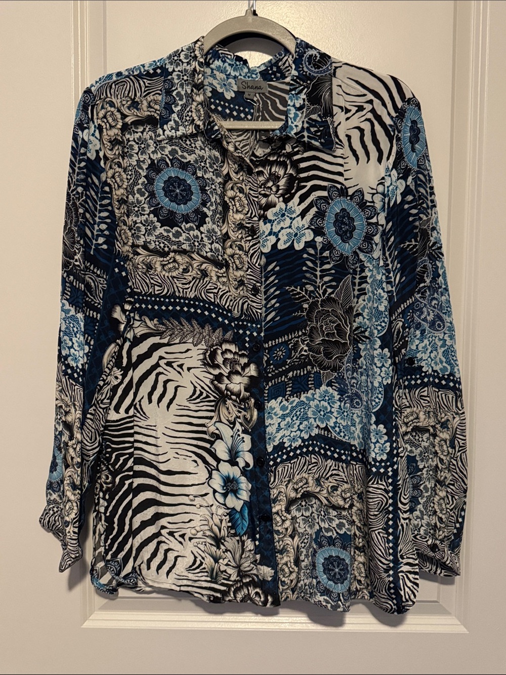 Shana Blue Patchwork Floral & Zebra Button-Up Blouse